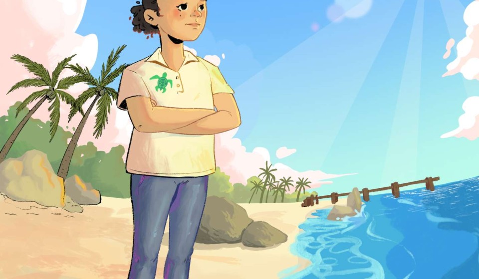 An illustration if Maria in the beach, looking at the ocean, with arms crossed in a defiant pose.